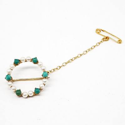 9ct Gold Turquoise and Pearl Set Brooch with Safety Chain