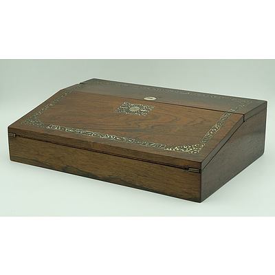 Victorian Brazilian Rosewood and Pearl Shell Inlaid Writing Box with Gilt Tooled Leather