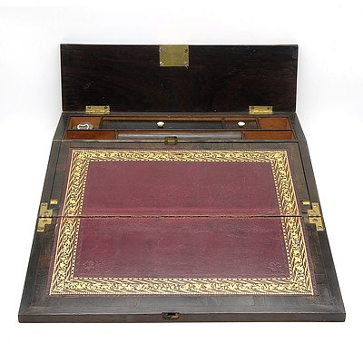 Victorian Brazilian Rosewood and Pearl Shell Inlaid Writing Box with Gilt Tooled Leather
