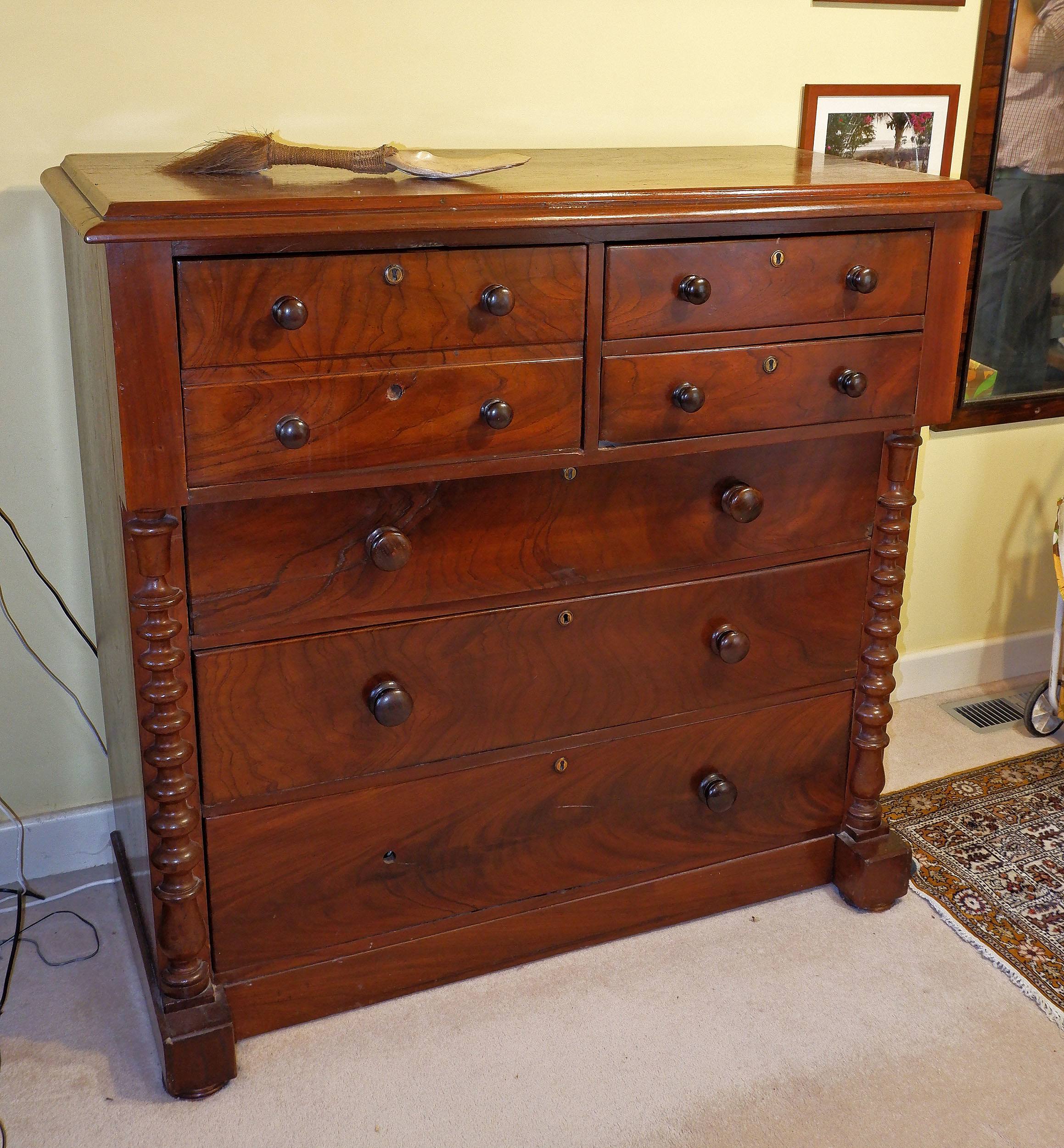 'Australian Cedar Chest of Drawers with Cantilever Top and Half Columns, Circa 1870'