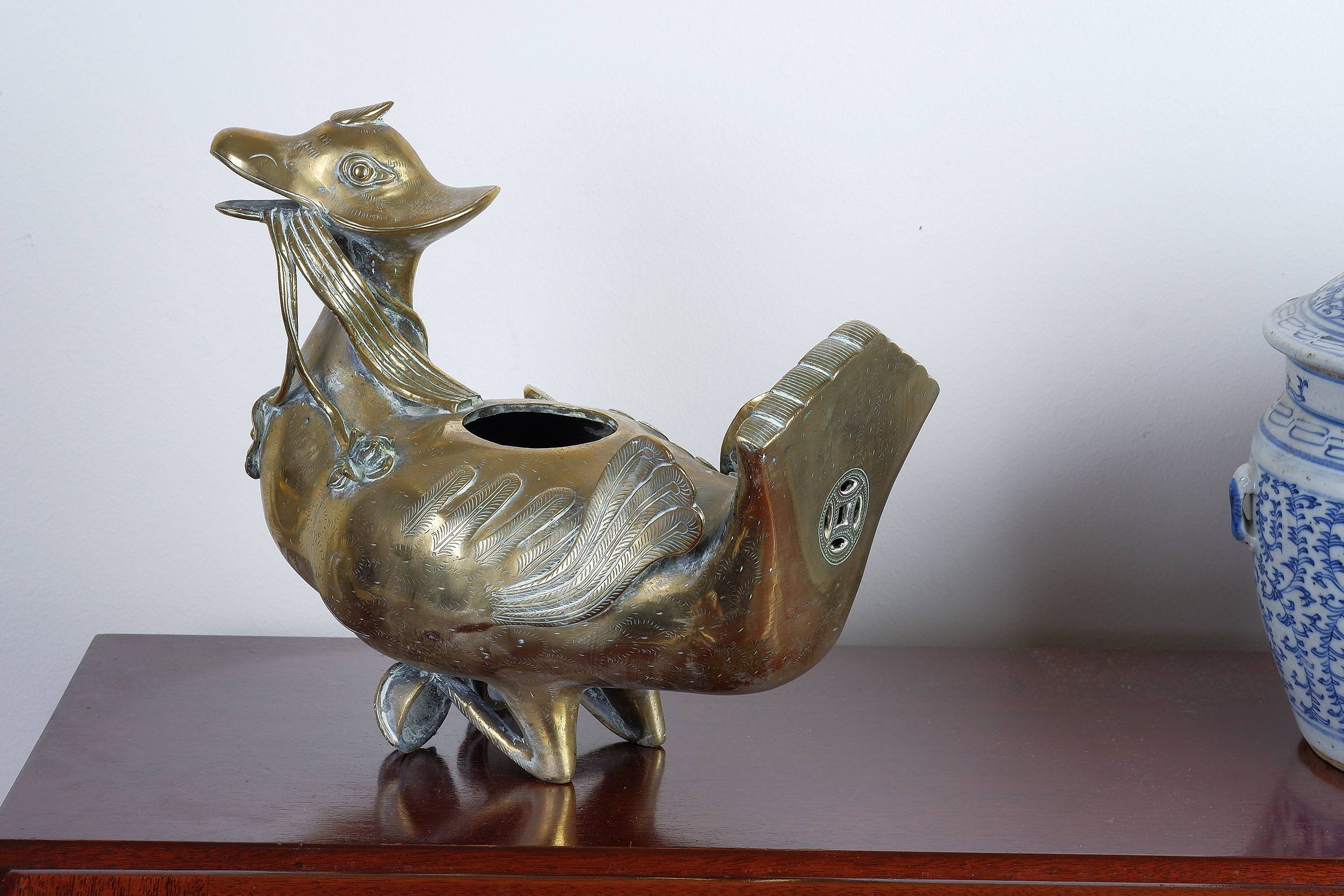 'Antique Chinese Polished Bronze Mandarin Duck Form Incense Burner, Qing Dynasty'