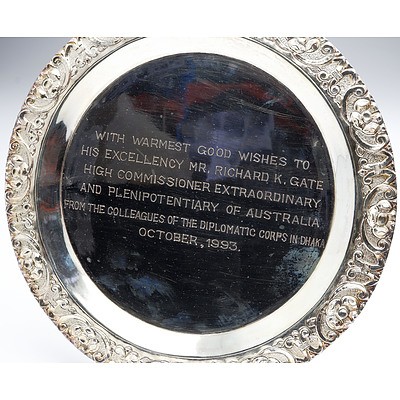 Heavy Silver Charger Presented to Richard Gate By the Diplomatic Corps in Dhaka 1993, 589g