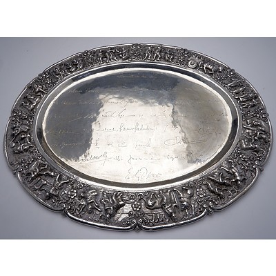 Large Burmese 950 Silver Tray With Twenty Five Engraved Signatures and Heavily Repousse Border, 1018g