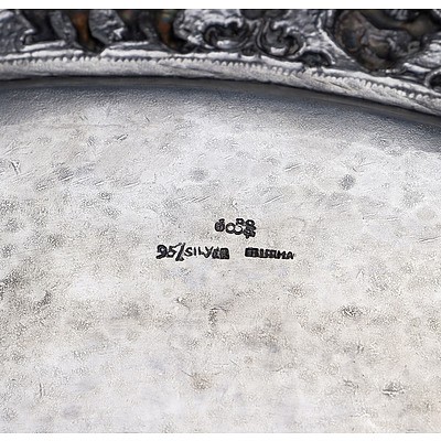Large Burmese 950 Silver Tray With Twenty Five Engraved Signatures and Heavily Repousse Border, 1018g