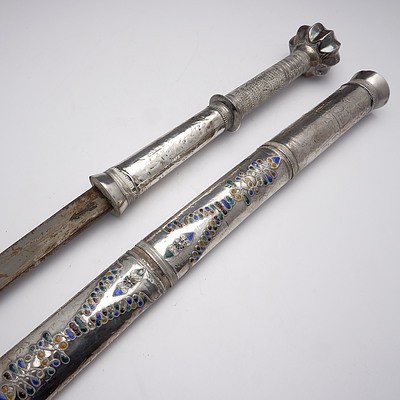 Burmese Silver Cased Sword with Enamel Decoration