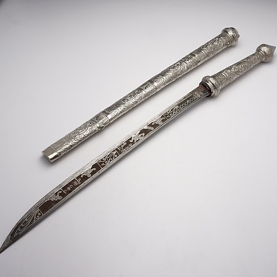Burmese Silver Cased Sword, Profusely Repoussed 