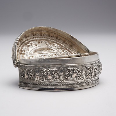 Burmese Heavily Repousse and Engraved Silver Semicircular Box, 141g