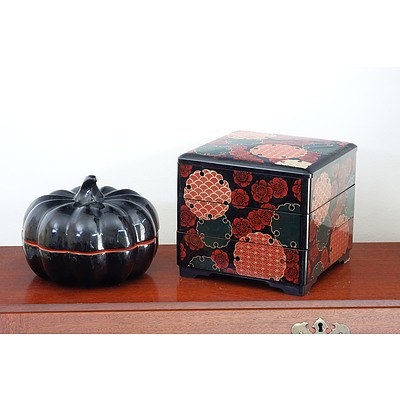 Japanese Painted Lacquer Stacking Boxes and a Burmese Lacquer Pumpkin Form Box