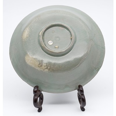 Korean Celadon Dish with Carved Butterfly and Foliage Decoration, Koryo Goryeo Dynasty (918-1392) 