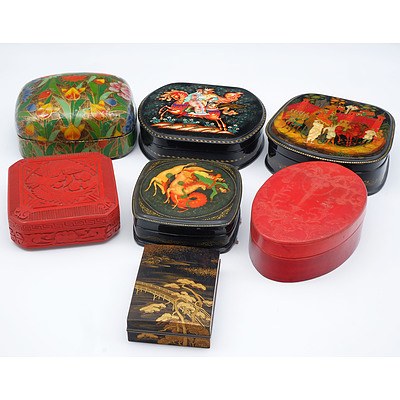 Seven Various Boxes, Including Russian Lacquered Papier-Mache, Cinnabar, Embossed Leather Etc