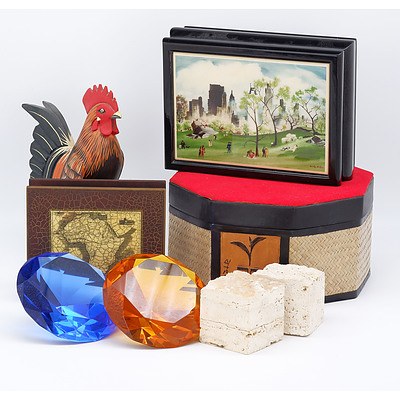 Met Museum Jewellery Box, Two Getty Travertine Paperweights, Two Glass Diamond Shaped Ornaments and More