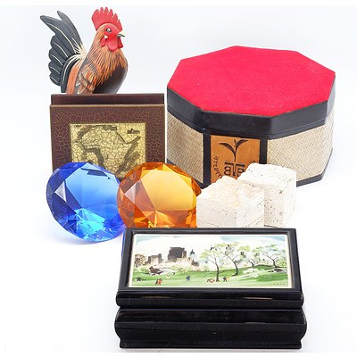 Met Museum Jewellery Box, Two Getty Travertine Paperweights, Two Glass Diamond Shaped Ornaments and More