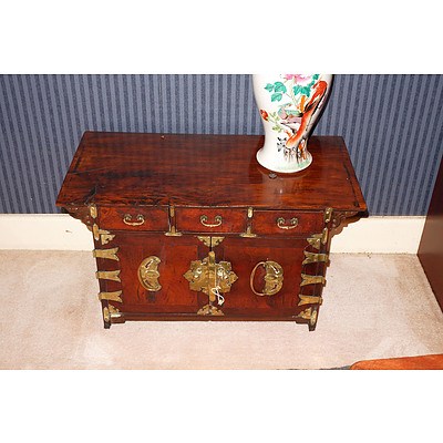 Small Antique Korean Brass Mounted Burlwood Altar Cabinet
