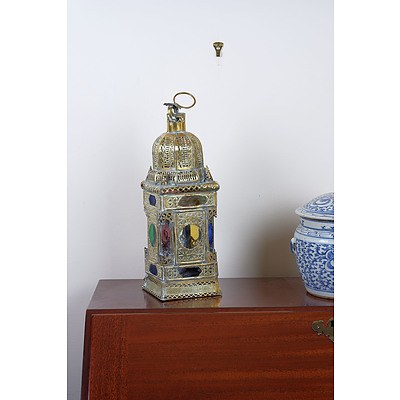 Moroccan Pierced Brass and Colored Glass Candle Lantern