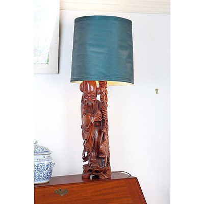 Chinese Carved Hardwood Figure of Shou Lao Wired as Lamp