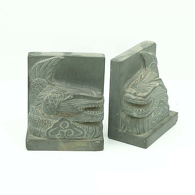 Pair of Asian Carved Stone Dragon Form Bookends