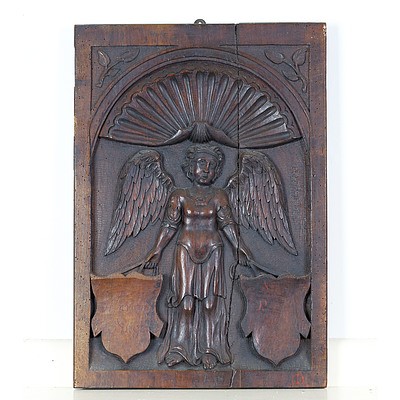 Renaissance Carved Walnut Panel Depicting a Winged Angel, Probably 16th Century