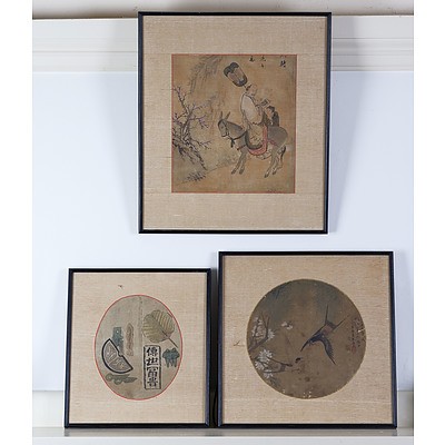 19th/20th Century Chinese, Three Various Paintings, Ink and Colour on Silk