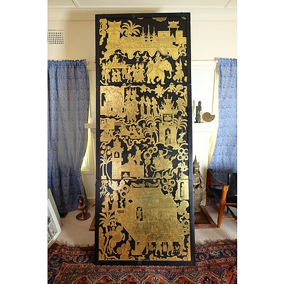 Large Burmese Lacquered Three Fold Panel