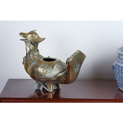Antique Chinese Polished Bronze Mandarin Duck Form Incense Burner, Qing Dynasty