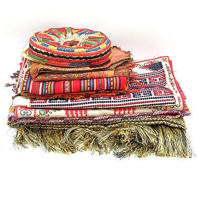 Group of Middle Eastern or Caucasian Textiles Including a Taqiyah