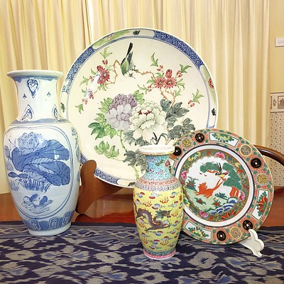 Group of Contemporary Asian Ceramics Including Large Chinese Dish with Bird and Peony and Hardwood Stand