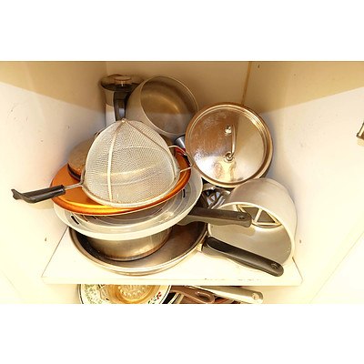Large Group of Kitchen Wares, Including Antique Willow Serving Dish, Silver Plate Flatware and More