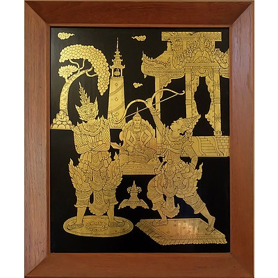Burmese Gilt Decorated Black Lacquer Panel in Teak Frame