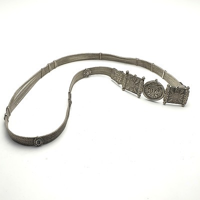 Indian Silver Belt with Repousse Buckle and Seven Braided Silver Wires Forming the Belt, 385g