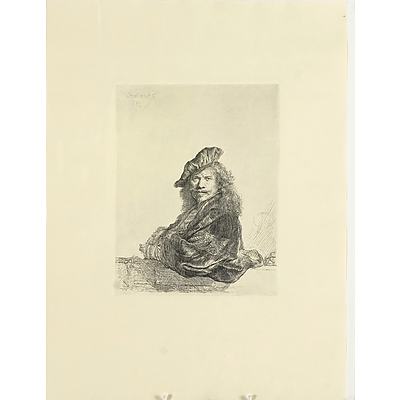 Three Contemporary Hand Pulled Copper Prints and Reproduction Engraving of Rembrandts Self Portrait