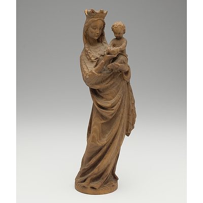 Old Carved Wooden Religious Icon of Crowned Mary and and Child