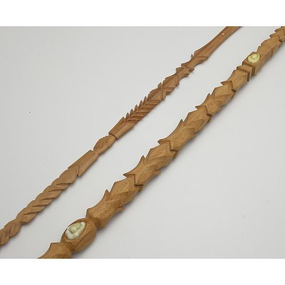Two Tribal Wooden Ceremonial Spears with Shell Inlay