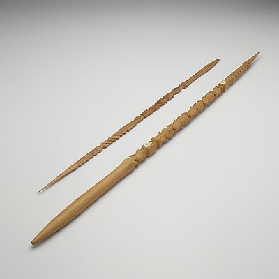 Two Tribal Wooden Ceremonial Spears with Shell Inlay