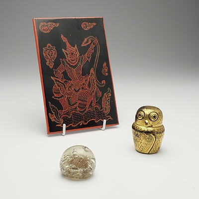 Glass Paperweight, Asian Lacquer Owl Jar, and a Burmese Lacquer Panel