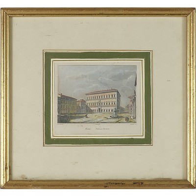 Antique Coloured Engraving of Roma, Palazzo Fernese