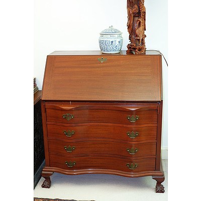 Queen Anne Style Mahogany Bowfront Bureau with Claw and Ball Feet, Mid to Late 20th Century