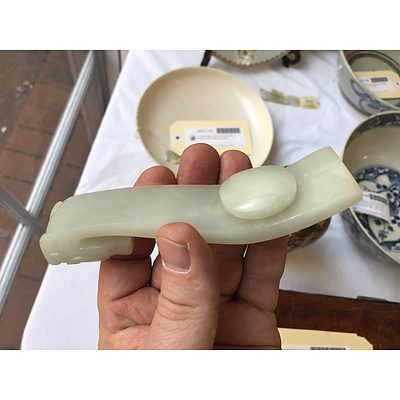 Chinese Celadon Jade Belt Hook with Carved Hardwood Stand, Late Qing