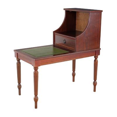 Antique Style Telephone Table with Green Leatherette Inlay and Imitation Woodgrain Veneer Tops