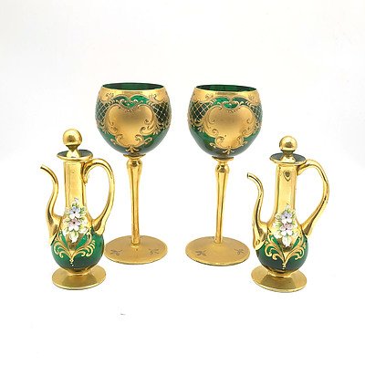 Two Venetian or Bohemian Enamelled and Gilded Glass Stemmed Wine Glasses and Two Matching Vinagrette Bottles