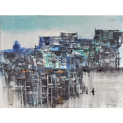 Eddie Sarmiento (Philippines 1940-) Abstract Pole Village, Oil on Canvas