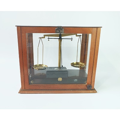 A Set of Australian Made Brass Balance Scales by Analite in Wooden and Glass Case