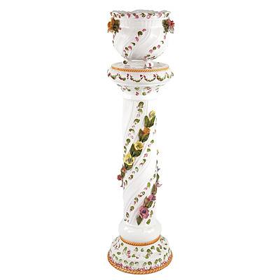 Italian Capodimonte Style Floral Encrusted Ceramic Jardiniere and Pedestal, Late 20th Century