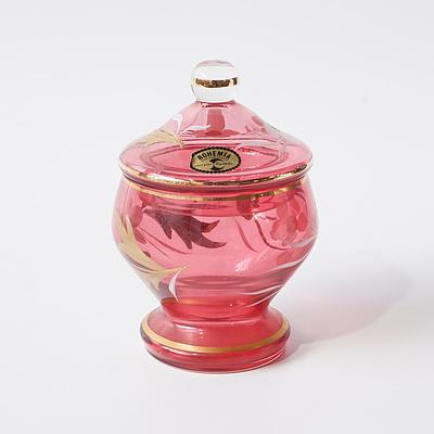 Vintage Bohemia Hand Painted Crystal Lidded Cranberry Jar