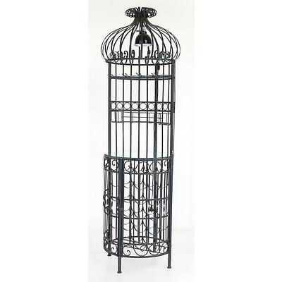 Freestanding Wrought Iron Bar Cage with Glass Shelves and Fitted Lamp, Modern