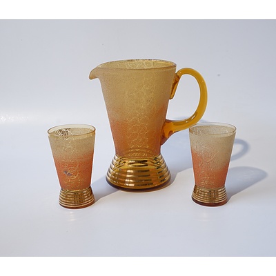 Retro Glass Pitcher with Two Glasses