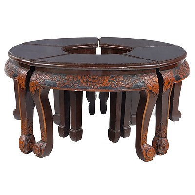 Oriental Carved Timber Tea Table with Five Nesting Stools and Protective Glass Top