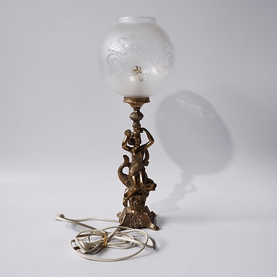 Spanish Brass Figural Table Lamp Frosted and Etched Glass Shade