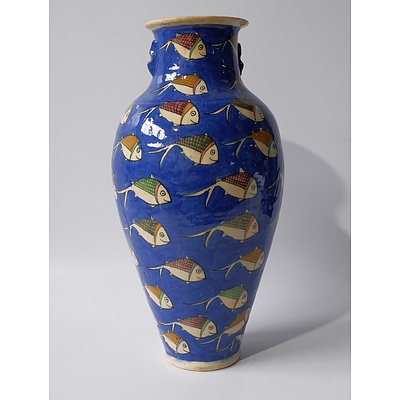 Persian Large Ceramic Vase with Hand Painted Fish Motif, Late 20th Century