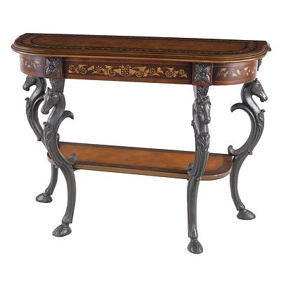 Regency Style Cast Resin and Timber Console Table with Horse Motif Legs and Folk Art Decoration, Modern