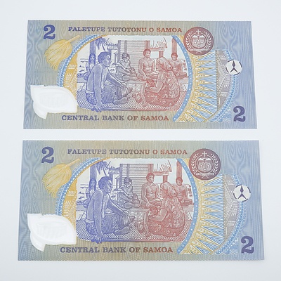 Two 1990 Samoa 2 Lua Tala Banknotes - Uncirculated